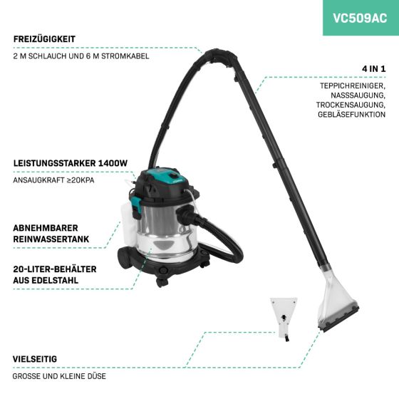4 in 1 Waschsauger mit 1400 Watt Leistung, Edelstahlbehälter mit 20 Liter Volumen und abnehmbarem Reinwassertank inklusive Zubehör.
