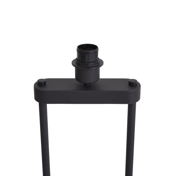 Schwarze Lampenfassung auf einem rechteckigen Metallelement mit zwei vertikalen Stäben.