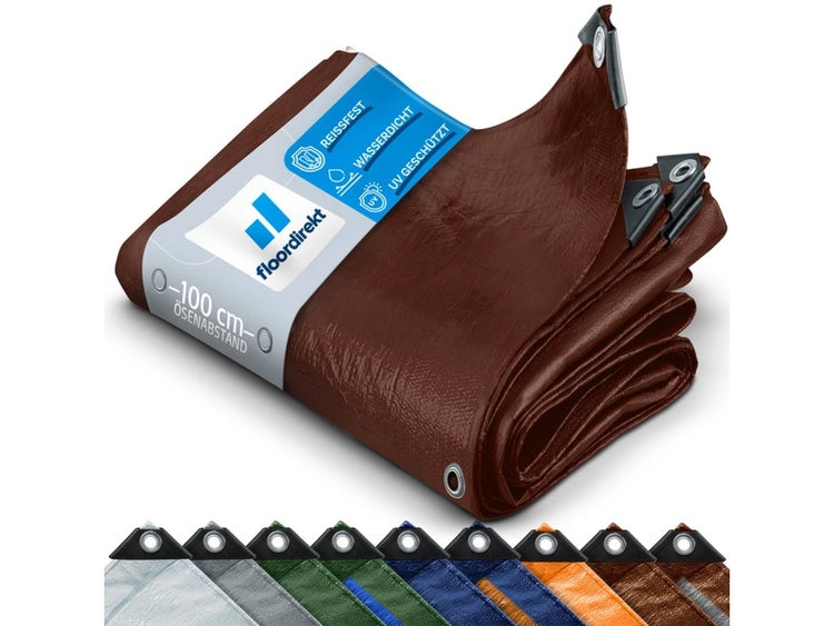 FLOORDIREKT Abdeckplane - Wasserdichte Plane - mit Ösen - Schutzplane - 140 g/m² - 3 x 5 m - Braun