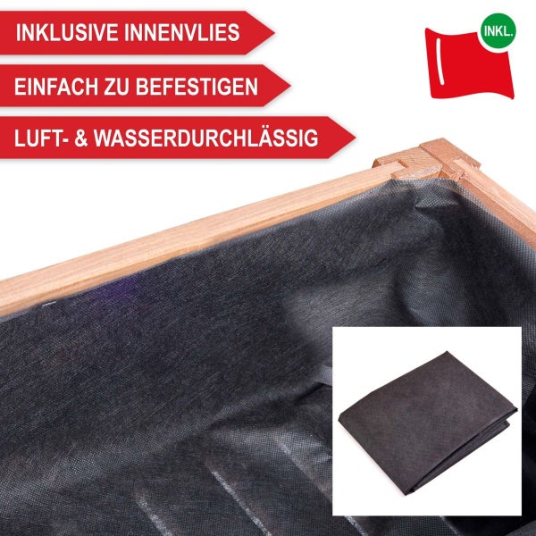 Detailansicht Holz-Pflanzkasten mit schwarzem Innenvlies, inklusive Hinweisen zu einfacher Befestigung sowie Luft- und Wasserdurchlässigkeit.