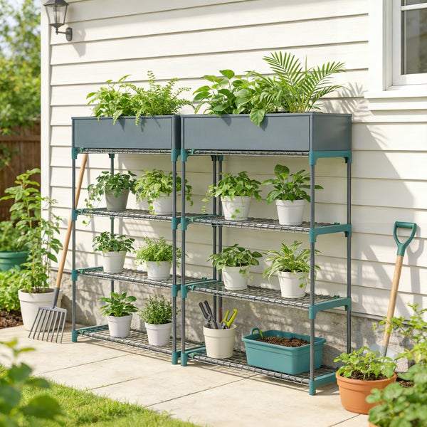 Zwei verbundene Metall-Gartenregale mit integrierten Pflanzkästen und Gitterböden für Topfpflanzen vor einer Hauswand.