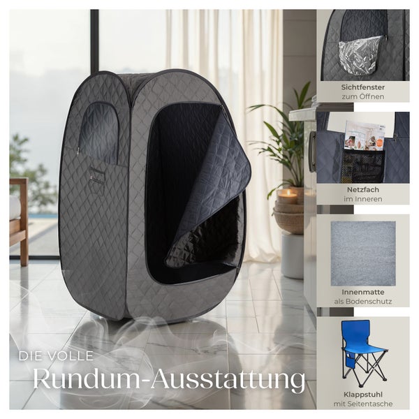 Komplett ausgestattete Saunakabine mit Sichtfenster, Netzfach, Innenmatte und Klappstuhl