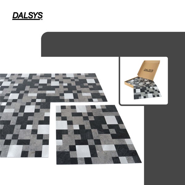 Dalsys selbstklebende Mosaikfliesen mit geometrischem Muster, Produktverpackung und Dalsys Logo.