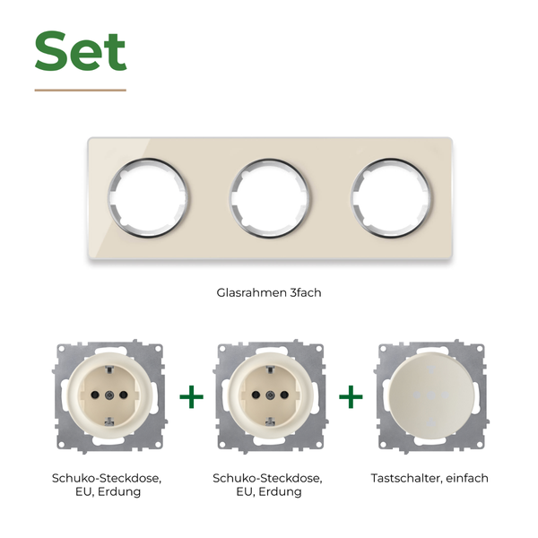 Set mit dreifachem Glasrahmen, zwei Schuko Steckdosen mit Erdung und einem einfachen Tastsensor zur Unterputz Installation.
