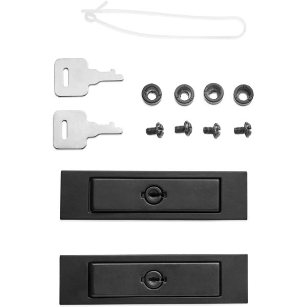 Schloss-Set für Schiebetüren mit zwei schwarzen Griffmulden, Zylinderschloss, zwei Schlüsseln, Schrauben, Distanzringen und Kabelbinder.