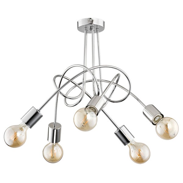 Moderne Deckenleuchte mit fünf Flammen und geschwungenen Metallarmen in glänzendem Design inklusive Edison Glühbirnen