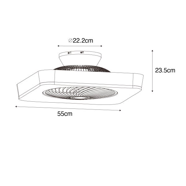 Maßzeichnung eines Deckenventilators mit Licht: Breite 55 Zentimeter, Höhe 23,5 Zentimeter, Durchmesser der Halterung 22,2 Zentimeter.