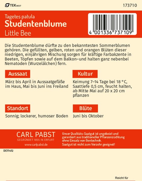Rückseite der Carl Pabst Samentüte für Studentenblume Tagetes patula Little Bee mit Informationen zu Aussaat, Kultur, Standort und Blütezeit.