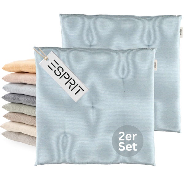 Esprit Stuhlkissen im Set von 2, quadratisch, fein gestreift, hellblau, gesteppt, mit Esprit Logo.