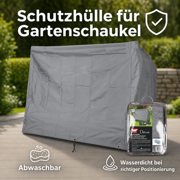 Schutzhülle für Gartenschaukel aus strapazierfähigem Material, abwaschbar und wasserdicht bei richtiger Anwendung.