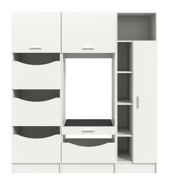 Weißes modulares Waschküchen-Schranksystem mit Schubladen, offenen Regalen und Schränken für organisierte Aufbewahrung.