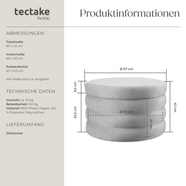 Sitzhocker mit Stauraum tectake Altu XL 67 x 42 cm rund Samtoptik grau