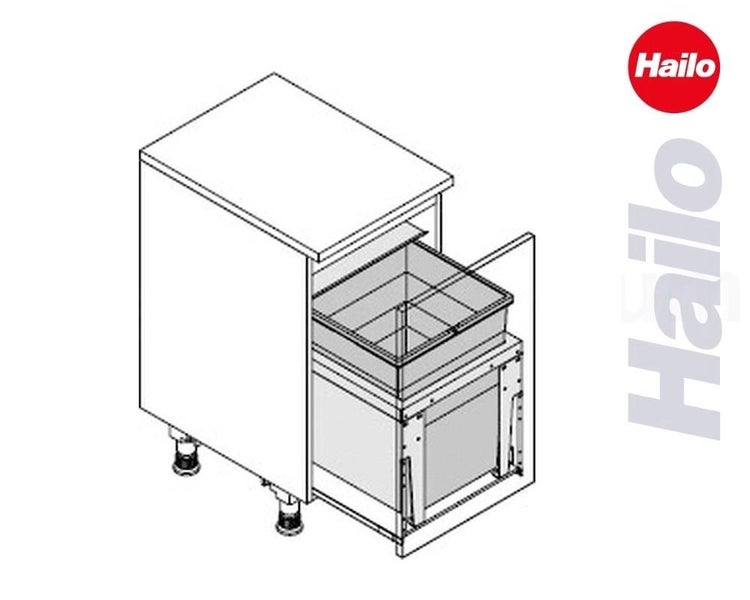 Hailo Abfalltrennsystem für Küchenunterschränke mit zwei Behältern in einem Auszug und Hailo Logo.