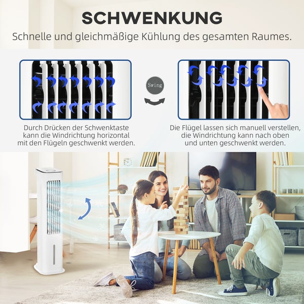 Turmventilator mit Schwenkfunktion im Wohnzimmer mit Familie. Darstellung der horizontalen und vertikalen Luftstromsteuerung.