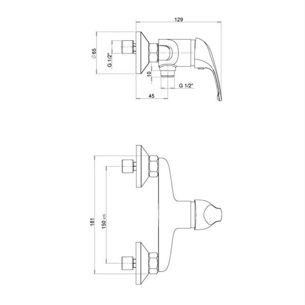 Maßzeichnung einer Wandarmatur mit Seitenansicht und Draufsicht sowie Abmessungen in Millimeter und G 1/2 Zoll.