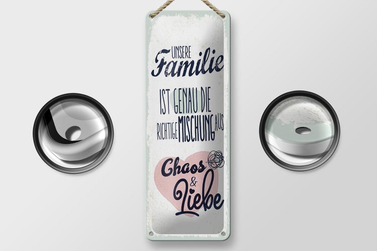 Blechschild Spruch Unsere Familie Chaos Liebe Herz 10x27cm