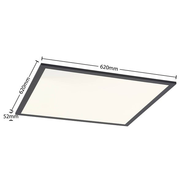 Quadratisches LED-Panel mit Maßangaben: Länge 620 Millimeter, Breite 620 Millimeter und Höhe 52 Millimeter.
