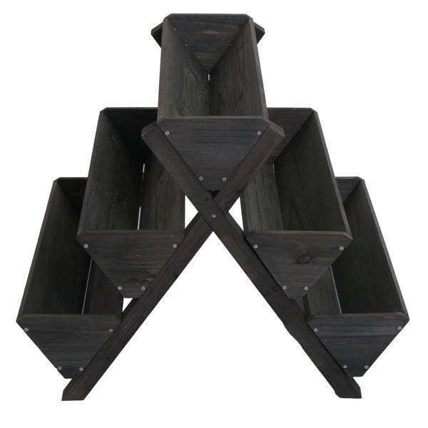 Pflanzentreppe aus Holz mit fünf Kästen in A-Form, dunkelbraun.
