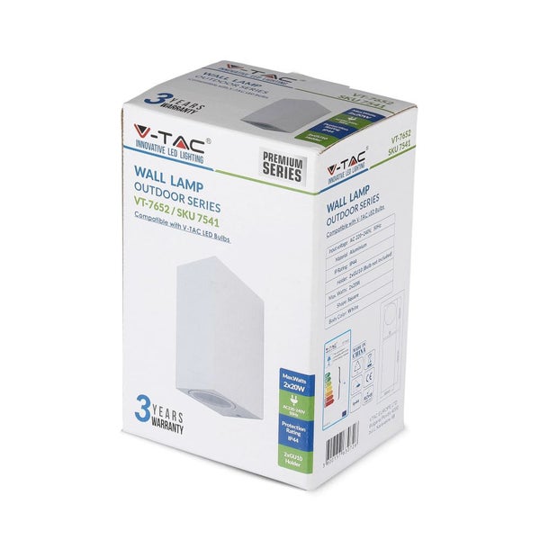 Verpackung der V-TAC Wandleuchte Outdoor Serie VT-7652/SKU 7541, kompatibel mit V-TAC LED Leuchtmitteln. Drei Jahre Garantie.