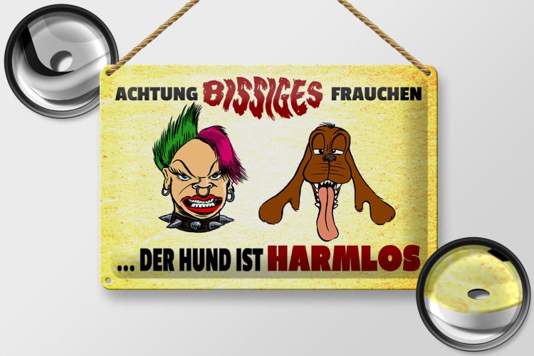 Blechschild Spruch 30x20cm Achtung bissiges Frauchen Hund