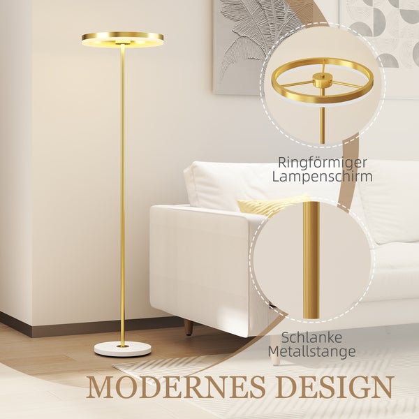 Moderne Stehlampe mit ringförmigem Lampenschirm und schlanker Metallstange