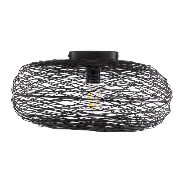 Schwarze Deckenleuchte aus Metalldraht mit ovalem Schirm und sichtbarem Leuchtmittel.