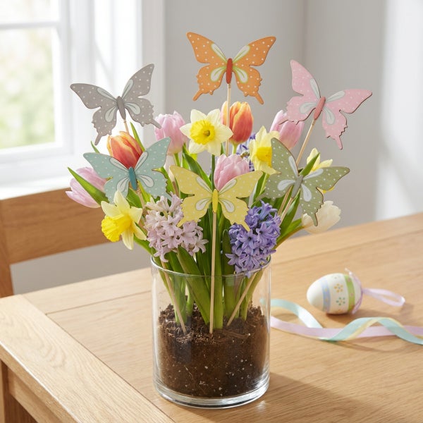 Ostergesteck mit Frühlingsblumen wie Tulpen, Narzissen und Hyazinthen in einem Glasgefäß, dekoriert mit hölzernen Schmetterlingssteckern.