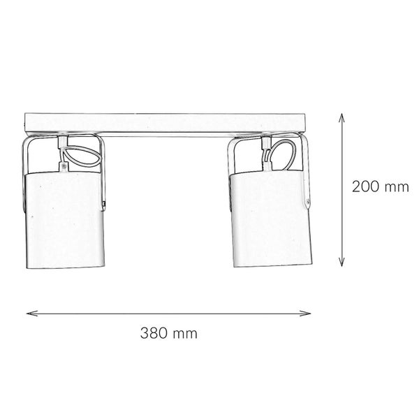 Abmessungen einer Deckenleuchte mit zwei Strahlern, Länge 380 mm, Höhe 200 mm.