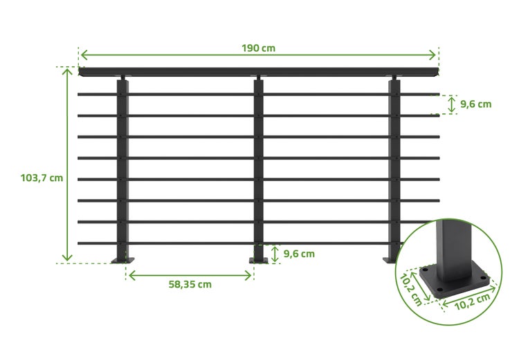 Technische Zeichnung eines Geländer-Elements mit Bemaßung, bestehend aus drei Pfosten und acht horizontalen Stäben, inklusive Bodenflansch-Detail.