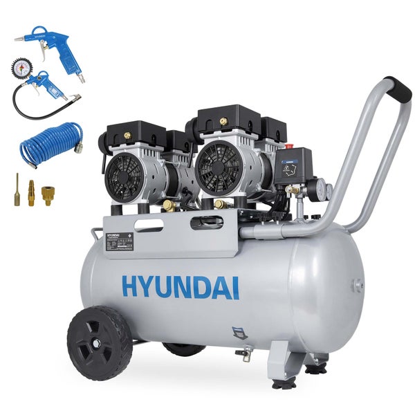 Hyundai Luftkompressor-Set mit zwei Motoren, Tank, Rädern, Griff, Spiralschlauch, Reifenfüllmesser und Ausblaspistole.