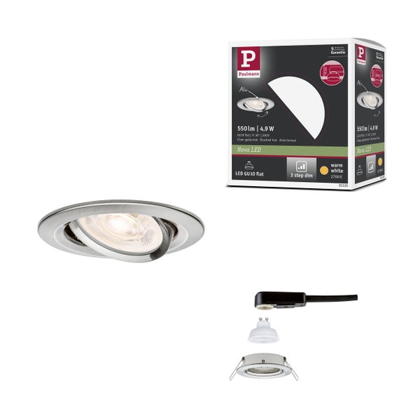 Paulmann Nova LED Einbaustrahler Set in Eisen gebürstet, GU10 flach, 3-stufig dimmbar, warmweiß, inklusive Verpackung und Zubehör.