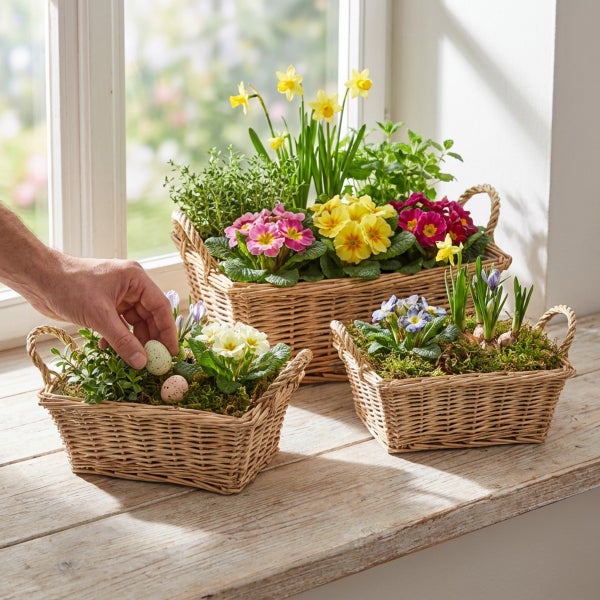Drei bepflanzte Weidenkörbe mit Frühlingsblumen wie Primeln und Narzissen stehen dekorativ auf einer Fensterbank als Frühlingsdekoration.