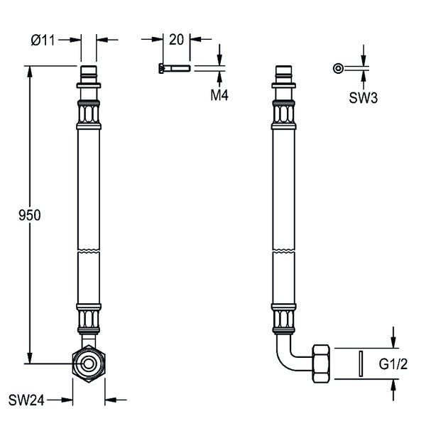 Maßzeichnung eines flexiblen Schlauchs mit 950 Millimeter Länge, einem 90 Grad Winkelstück, G einhalb Zoll Anschluss und einer M4 Schraube.