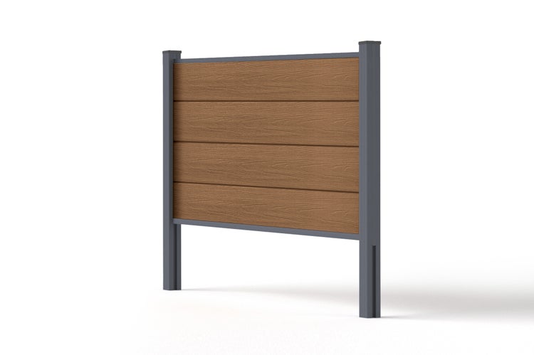 Sichtschutzzaun mit braunen horizontalen Lamellen in Holzoptik und grauen Metallpfosten.