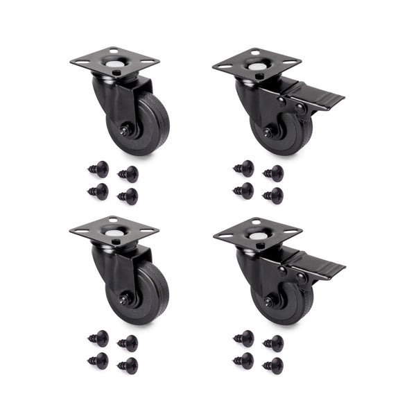 Set aus 4 schwarzen Möbelrollen, bestehend aus 2 Lenkrollen und 2 Lenkrollen mit Feststeller, inklusive Befestigungsschrauben.