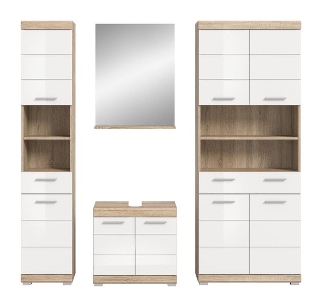 Badezimmermöbel Set in Weiß Hochglanz und Eichenoptik bestehend aus Hochschrank, Waschbeckenunterschrank, Highboard und Spiegel.