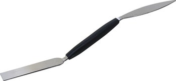 Doppelspachtel mit zwei Metallklingen und schwarzem Kunststoffgriff.
