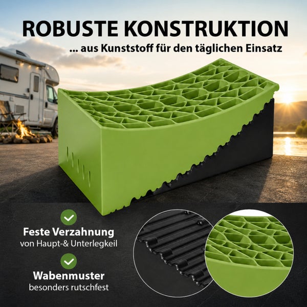 Auffahrkeil aus Kunststoff mit Wabenstruktur und Verzahnung für Wohnmobile vor einer Campingkulisse bei Sonnenuntergang.