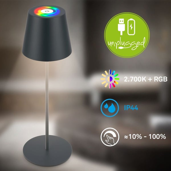 Briloner Calida 3 in 1 RGBW LED Tischlampe kabellos IP44, Dimmbar, Touch, Höhenverstellbar, Spritzwasserschutz, Anthrazit, 36 x Ø10,5 cm