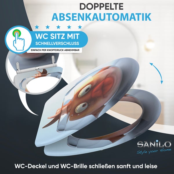 Toilettensitz mit Fisch-Motiv, doppelter Absenkautomatik und per Knopfdruck abnehmbarem Schnellverschluss. Sanilo Logo.