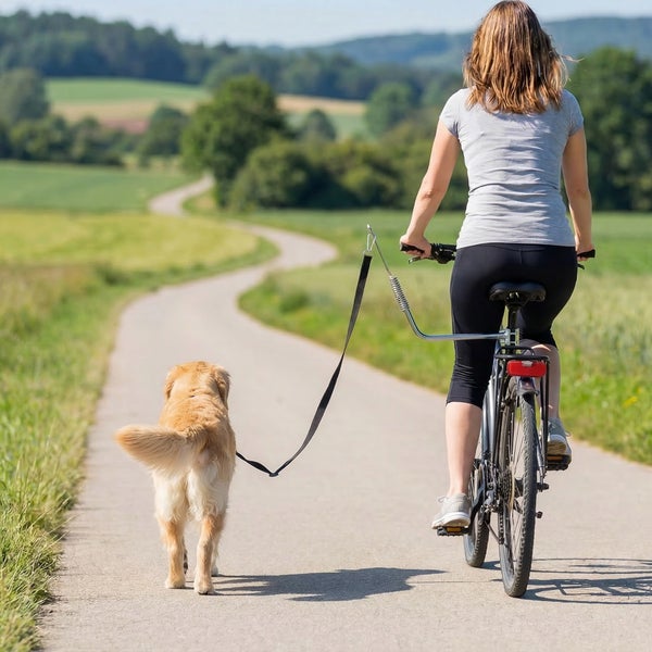 Person fährt Fahrrad auf einem befestigten Weg mit einer Fahrradleine für Hunde und einem Hund.