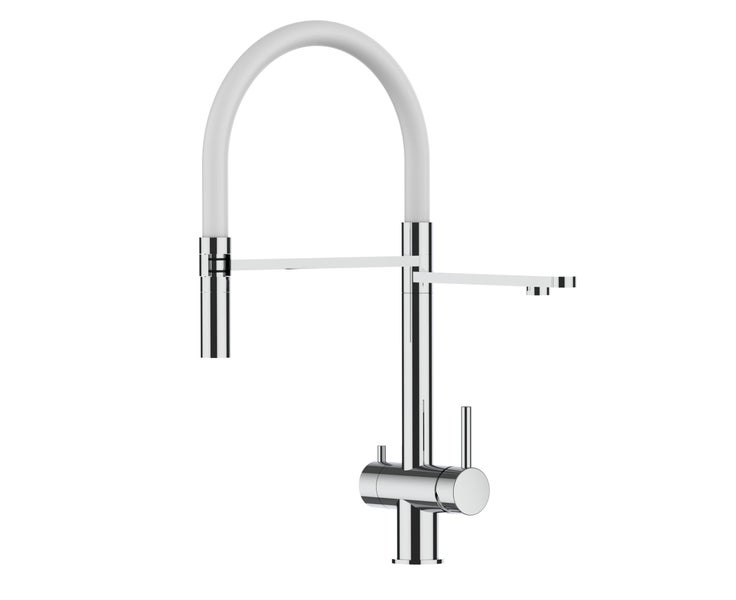 NIEDERDRUCK 3 Wege Wasserhahn Küchenarmatur, Edelstahl Massiv mit 360° schwenkbarem Auslauf, abnehmbare 2 strahl Handbrause, Hochglanz / Weiß