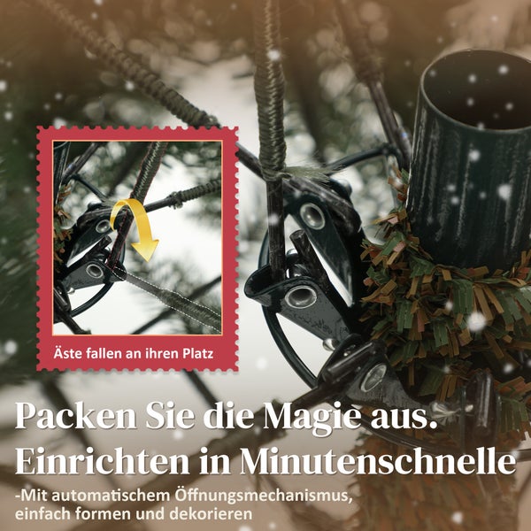 Nahaufnahme des automatischen Klappmechanismus eines künstlichen Weihnachtsbaums, der zeigt, wie die Äste in Position fallen.