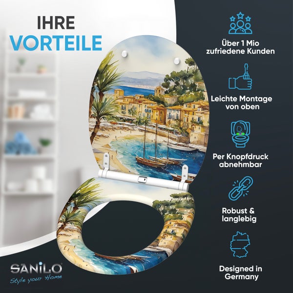 WC Sitz mit mediterranem Küsten Motiv, inklusiv Montageanleitung und Produktvorteilen wie Schnellverschluss und stabiler Bauweise, Marke Sanilo