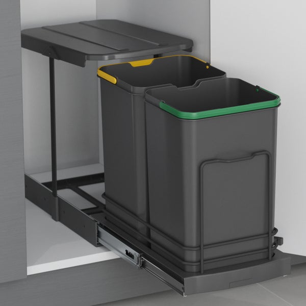 Ausziehbares Mülltrennsystem für Küchenschränke mit zwei Abfallbehältern auf Metallschienen und einem fest montierten Deckel.
