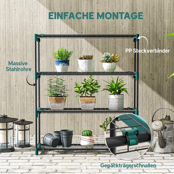 Vierstufiges Pflanzenregal aus massiven Stahlrohren, Polypropylen-Steckverbindern, Gitterböden und Halteclips, dekoriert mit Pflanzen im Freien.