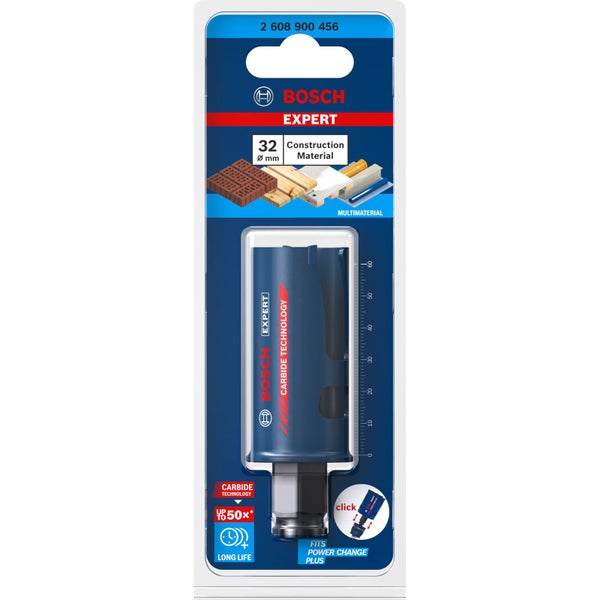 Bohrmaschine mit Bosch EXPERT Lochsäge beim Bohren eines Lochs in ein Holzbrett