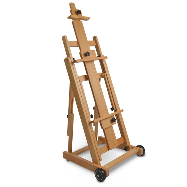 Verstellbare Atelier Staffelei aus Holz mit Rollen für Leinwände und Künstlerbedarf.