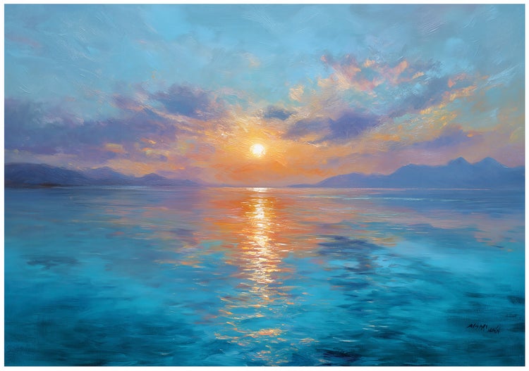 Gemälde mit Meereslandschaft, Sonnenaufgang und Bergen