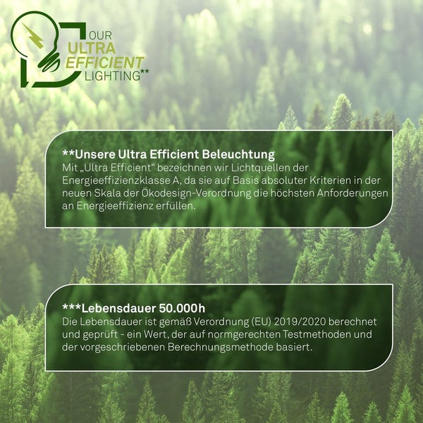 Zwei LED-Leuchtmittel mit GU10 Fassung, warmweißes Licht mit 3000 Kelvin und einer Lebensdauer von 50.000 Stunden.